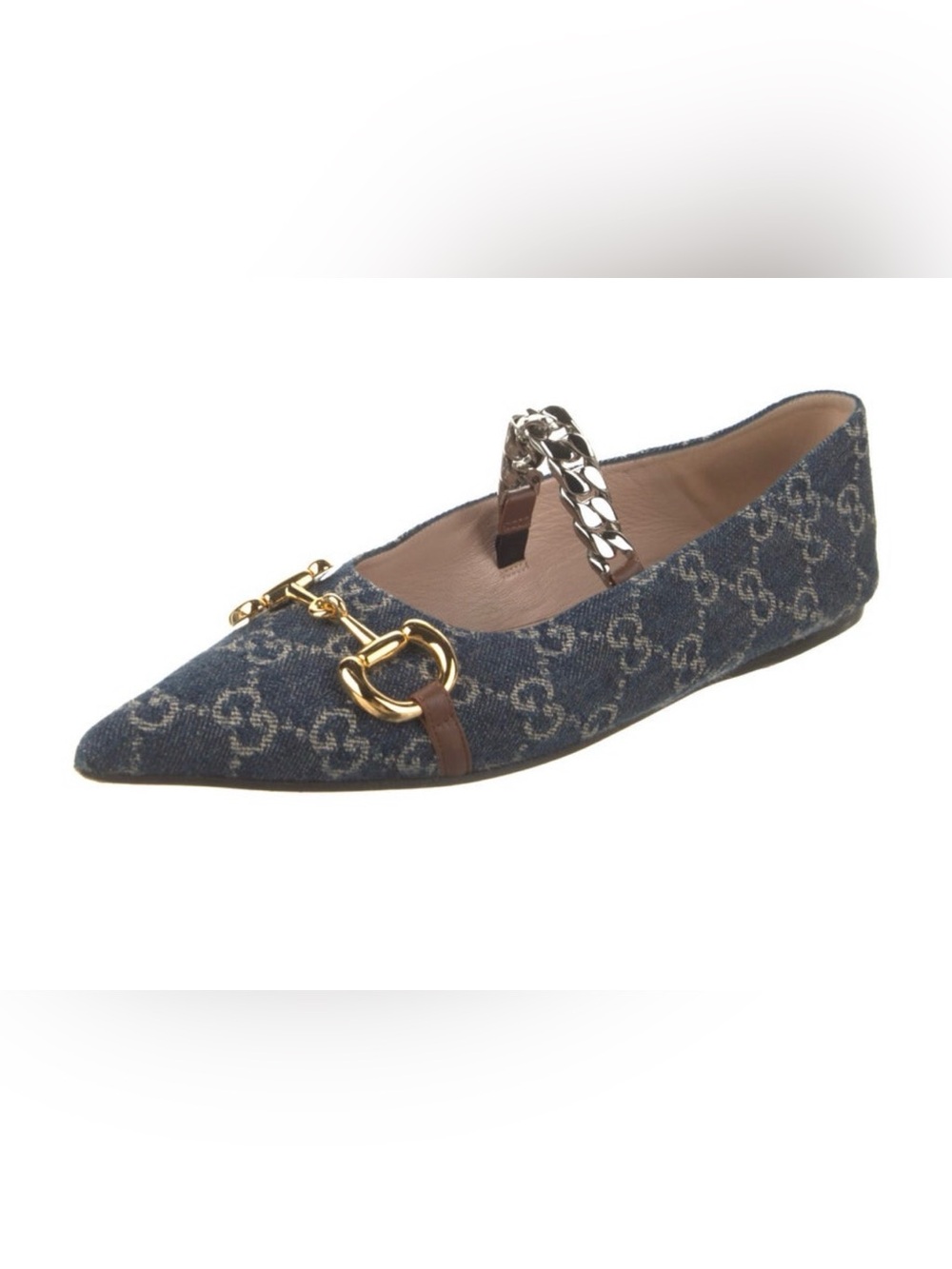Gucci Blue Denim Logo Pointed Toe Flat with Gold Horsebit and Silver Chain